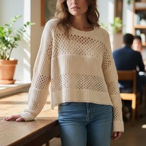 STITCHDROP Cream Open Knit Crew Neck Sweater Small (23” ptp) NWT